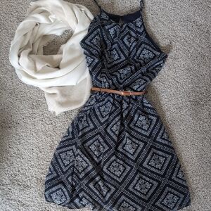 Elegant Navy Patterned Dress with Belt and Scarf